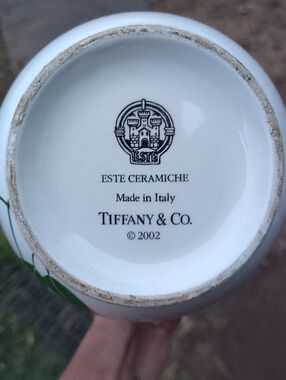 Tiffany & Co. White Ceramic Vase with Green Leaf Blue Flower Accent